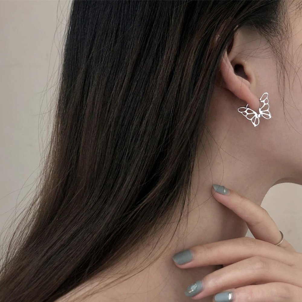 Sterling Silver Butterfly Outline Stud Earrings - Women's Jewelry - Picture 7 of 8